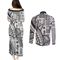 Samoa Tapa Couples Matching Puletasi Dress and Long Sleeve Button Shirt Siapo Mix Tatau Patterns - White LT7 - Wonder Print Shop