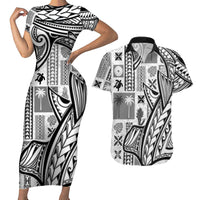 Samoa Tapa Couples Matching Short Sleeve Bodycon Dress and Hawaiian Shirt Siapo Mix Tatau Patterns - White LT7 - Wonder Print Shop