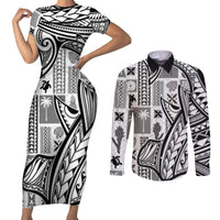 Samoa Tapa Couples Matching Short Sleeve Bodycon Dress and Long Sleeve Button Shirt Siapo Mix Tatau Patterns - White LT7 - Wonder Print Shop