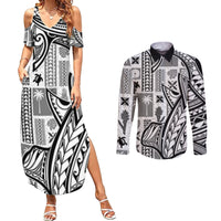 Samoa Tapa Couples Matching Summer Maxi Dress and Long Sleeve Button Shirt Siapo Mix Tatau Patterns - White LT7 - Wonder Print Shop