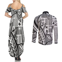 Samoa Tapa Couples Matching Summer Maxi Dress and Long Sleeve Button Shirt Siapo Mix Tatau Patterns - White LT7 - Wonder Print Shop