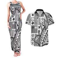 Samoa Tapa Couples Matching Tank Maxi Dress and Hawaiian Shirt Siapo Mix Tatau Patterns - White LT7 - Wonder Print Shop