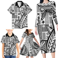 Samoa Tapa Family Matching Long Sleeve Bodycon Dress and Hawaiian Shirt Siapo Mix Tatau Patterns - White LT7 - Wonder Print Shop