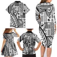 Samoa Tapa Family Matching Long Sleeve Bodycon Dress and Hawaiian Shirt Siapo Mix Tatau Patterns - White LT7 - Wonder Print Shop