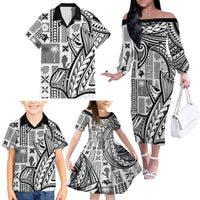 Samoa Tapa Family Matching Off Shoulder Long Sleeve Dress and Hawaiian Shirt Siapo Mix Tatau Patterns - White - Wonder Print Shop
