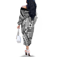 Samoa Tapa Family Matching Off Shoulder Long Sleeve Dress and Hawaiian Shirt Siapo Mix Tatau Patterns - White - Wonder Print Shop