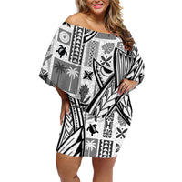 Samoa Tapa Family Matching Off Shoulder Short Dress and Hawaiian Shirt Siapo Mix Tatau Patterns - White LT7 - Wonder Print Shop