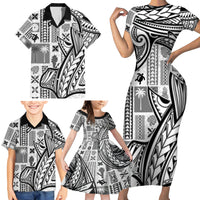 Samoa Tapa Family Matching Short Sleeve Bodycon Dress and Hawaiian Shirt Siapo Mix Tatau Patterns - White - Wonder Print Shop