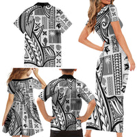Samoa Tapa Family Matching Short Sleeve Bodycon Dress and Hawaiian Shirt Siapo Mix Tatau Patterns - White - Wonder Print Shop