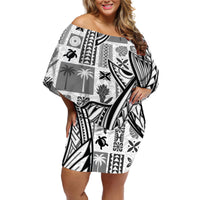 Samoa Tapa Off Shoulder Short Dress Siapo Mix Tatau Patterns - White - Wonder Print Shop