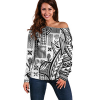 Samoa Tapa Off Shoulder Sweater Siapo Mix Tatau Patterns - White - Wonder Print Shop