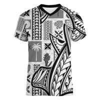 Samoa Tapa Women V Neck T Shirt Siapo Mix Tatau Patterns - White - Wonder Print Shop