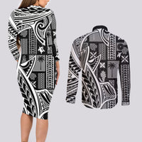 Samoa Tapa Couples Matching Long Sleeve Bodycon Dress and Long Sleeve Button Shirt Siapo Mix Tatau Patterns - Black LT7 - Wonder Print Shop