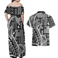 Samoa Tapa Couples Matching Off Shoulder Maxi Dress and Hawaiian Shirt Siapo Mix Tatau Patterns - Black LT7 - Wonder Print Shop