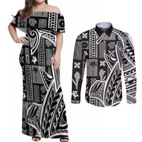 Samoa Tapa Couples Matching Off Shoulder Maxi Dress and Long Sleeve Button Shirt Siapo Mix Tatau Patterns - Black LT7 - Wonder Print Shop