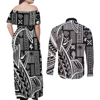 Samoa Tapa Couples Matching Off Shoulder Maxi Dress and Long Sleeve Button Shirt Siapo Mix Tatau Patterns - Black LT7 - Wonder Print Shop