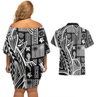 Samoa Tapa Couples Matching Off Shoulder Short Dress and Hawaiian Shirt Siapo Mix Tatau Patterns - Black LT7 - Wonder Print Shop