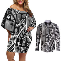 Samoa Tapa Couples Matching Off Shoulder Short Dress and Long Sleeve Button Shirt Siapo Mix Tatau Patterns - Black LT7 - Wonder Print Shop