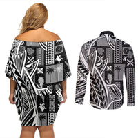 Samoa Tapa Couples Matching Off Shoulder Short Dress and Long Sleeve Button Shirt Siapo Mix Tatau Patterns - Black LT7 - Wonder Print Shop