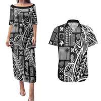 Samoa Tapa Couples Matching Puletasi Dress and Hawaiian Shirt Siapo Mix Tatau Patterns - Black LT7 - Wonder Print Shop