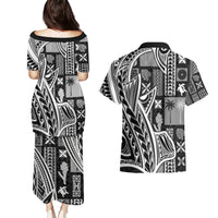 Samoa Tapa Couples Matching Puletasi Dress and Hawaiian Shirt Siapo Mix Tatau Patterns - Black LT7 - Wonder Print Shop