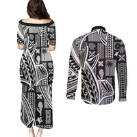 Samoa Tapa Couples Matching Puletasi Dress and Long Sleeve Button Shirt Siapo Mix Tatau Patterns - Black LT7 - Wonder Print Shop