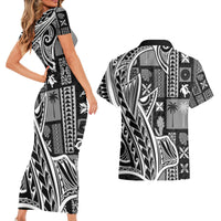 Samoa Tapa Couples Matching Short Sleeve Bodycon Dress and Hawaiian Shirt Siapo Mix Tatau Patterns - Black LT7 - Wonder Print Shop