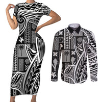 Samoa Tapa Couples Matching Short Sleeve Bodycon Dress and Long Sleeve Button Shirt Siapo Mix Tatau Patterns - Black LT7 - Wonder Print Shop