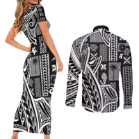 Samoa Tapa Couples Matching Short Sleeve Bodycon Dress and Long Sleeve Button Shirt Siapo Mix Tatau Patterns - Black LT7 - Wonder Print Shop