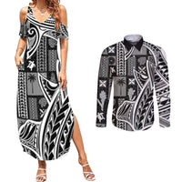 Samoa Tapa Couples Matching Summer Maxi Dress and Long Sleeve Button Shirt Siapo Mix Tatau Patterns - Black LT7 - Wonder Print Shop