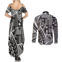 Samoa Tapa Couples Matching Summer Maxi Dress and Long Sleeve Button Shirt Siapo Mix Tatau Patterns - Black LT7 - Wonder Print Shop