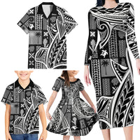 Samoa Tapa Family Matching Long Sleeve Bodycon Dress and Hawaiian Shirt Siapo Mix Tatau Patterns - Black LT7 - Wonder Print Shop