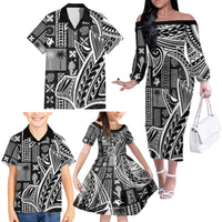 Samoa Tapa Family Matching Off Shoulder Long Sleeve Dress and Hawaiian Shirt Siapo Mix Tatau Patterns - Black - Wonder Print Shop