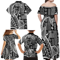 Samoa Tapa Family Matching Off Shoulder Maxi Dress and Hawaiian Shirt Siapo Mix Tatau Patterns - Black LT7 - Wonder Print Shop