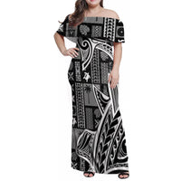Samoa Tapa Family Matching Off Shoulder Maxi Dress and Hawaiian Shirt Siapo Mix Tatau Patterns - Black LT7 - Wonder Print Shop