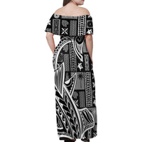 Samoa Tapa Family Matching Off Shoulder Maxi Dress and Hawaiian Shirt Siapo Mix Tatau Patterns - Black LT7 - Wonder Print Shop