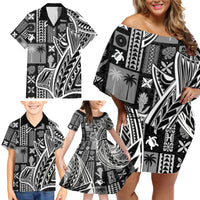 Samoa Tapa Family Matching Off Shoulder Short Dress and Hawaiian Shirt Siapo Mix Tatau Patterns - Black LT7 - Wonder Print Shop