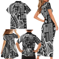 Samoa Tapa Family Matching Short Sleeve Bodycon Dress and Hawaiian Shirt Siapo Mix Tatau Patterns - Black - Wonder Print Shop
