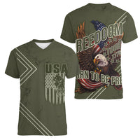 USA Bald Eagle Freedom Tour 1776 Born To Be Free Women V Neck T Shirt Olive Grunge Style - Wonder Print Shop