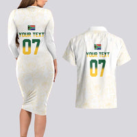 South Africa Cricket Champion Custom Couples Matching Long Sleeve Bodycon Dress and Hawaiian Shirt Gold Proteas - All White - Wonder Print Shop
