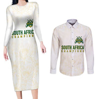 South Africa Cricket Champion Custom Couples Matching Long Sleeve Bodycon Dress and Long Sleeve Button Shirt Gold Proteas - All White - Wonder Print Shop