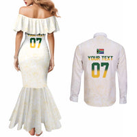 South Africa Cricket Champion Custom Couples Matching Mermaid Dress and Long Sleeve Button Shirt Gold Proteas - All White - Wonder Print Shop