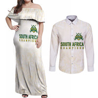 South Africa Cricket Champion Custom Couples Matching Off Shoulder Maxi Dress and Long Sleeve Button Shirt Gold Proteas - All White - Wonder Print Shop