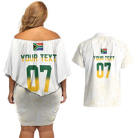 South Africa Cricket Champion Custom Couples Matching Off Shoulder Short Dress and Hawaiian Shirt Gold Proteas - All White - Wonder Print Shop