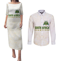 South Africa Cricket Champion Custom Couples Matching Puletasi and Long Sleeve Button Shirt Gold Proteas - All White - Wonder Print Shop