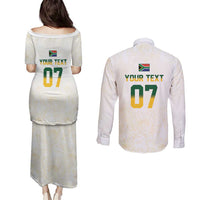 South Africa Cricket Champion Custom Couples Matching Puletasi and Long Sleeve Button Shirt Gold Proteas - All White - Wonder Print Shop