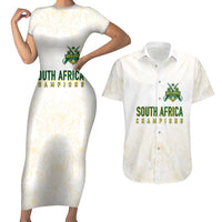 South Africa Cricket Champion Custom Couples Matching Short Sleeve Bodycon Dress and Hawaiian Shirt Gold Proteas - All White - Wonder Print Shop