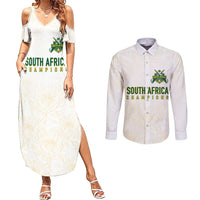 South Africa Cricket Champion Custom Couples Matching Summer Maxi Dress and Long Sleeve Button Shirt Gold Proteas - All White - Wonder Print Shop