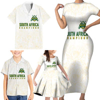 South Africa Cricket Champion Custom Family Matching Short Sleeve Bodycon Dress and Hawaiian Shirt Gold Proteas - All White - Wonder Print Shop