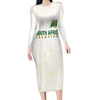 South Africa Cricket Champion Custom Long Sleeve Bodycon Dress Gold Proteas - All White - Wonder Print Shop